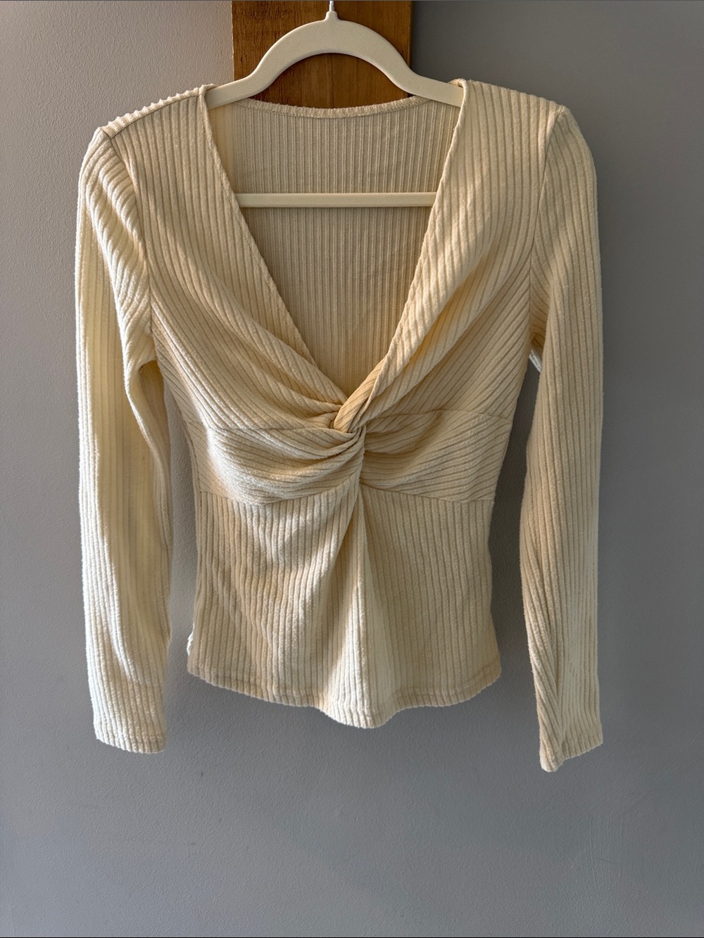 SHEIN Cream Ribbed Twist-Front Long-Sleeve Top